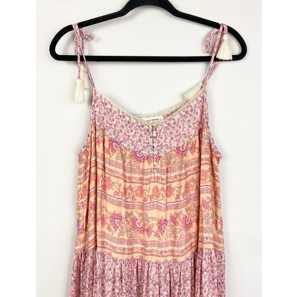 Lucky Brand Womens Tiered Dress L Pink Mixed Print Tie Shoulder Floral Flowy‎ - Picture 4 of 10